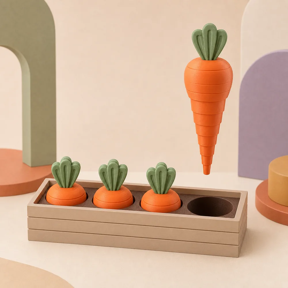 NuNu Toys Carrot Garden toy on a mustard pedestal